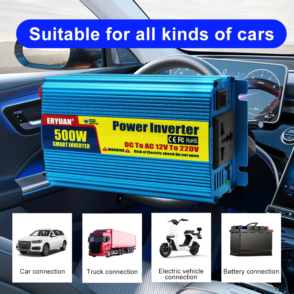 500W 자동차 전원 인버터 배터리 변환기 SUV RV 트럭 트레일러 자동 전원 공급 장치 인버터 DC 12V에서 AC 220V 다기능