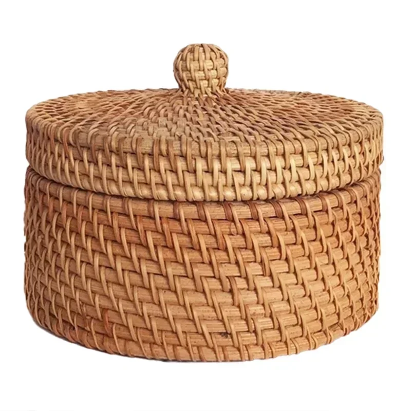 Handwoven Rattan Storage Box with Lid Wicker Tea Food Container Picnic Bread Fruit Cake Basket Kitchen Organizer B 6