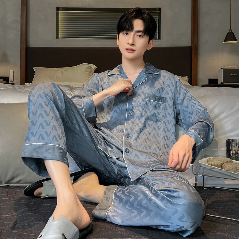 2024 New Spring Autumn Ice Silk Large Size Sleepwear Long Sleeved Thin Style Summer Men's Homewear Two-piece Set Loose Lapel