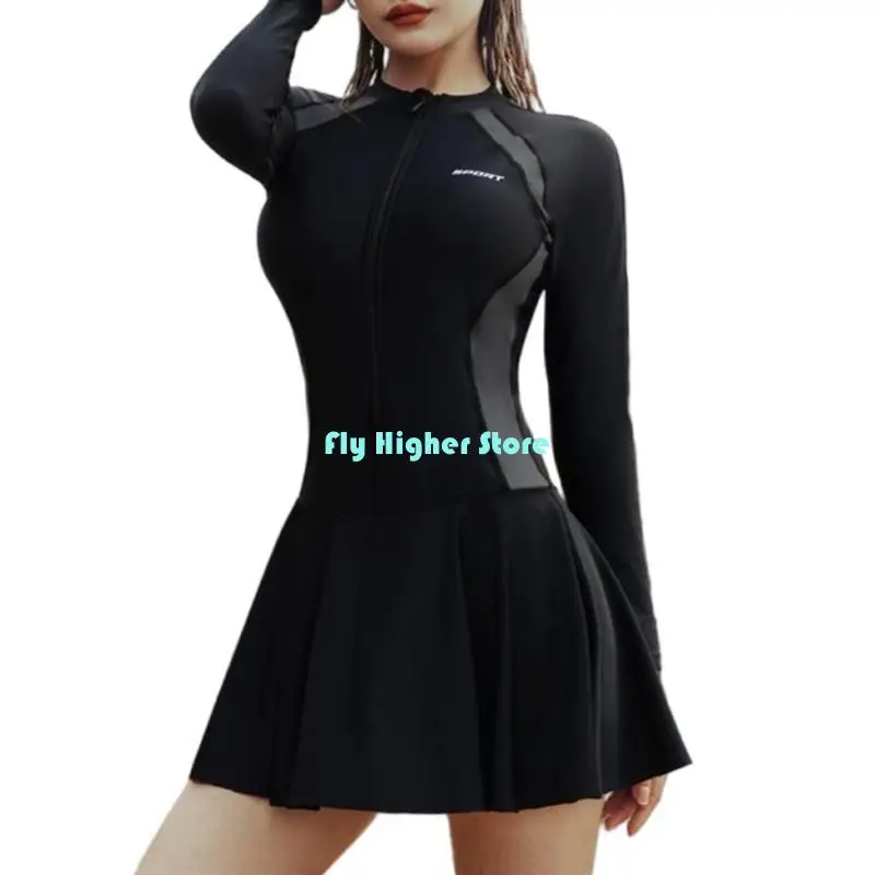 여성 러쉬 가드 수영복 긴 소매 전면 지퍼가 달린 수영복 수영복 Boyshorts 빠른 건조 수영 의상