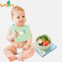 

3PCS/Set Baby Silicone Sucker Bowl Bibs Spoon Sets Children Non-slip Tableware Baby Feeding Dishes Cute Print Dish Set