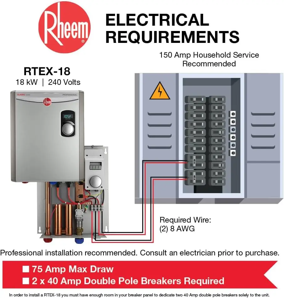 18kW 240V Tankless Electric Water Heater Most Advanced Self-modulation Adjust Power To Meet Hot Water Demand