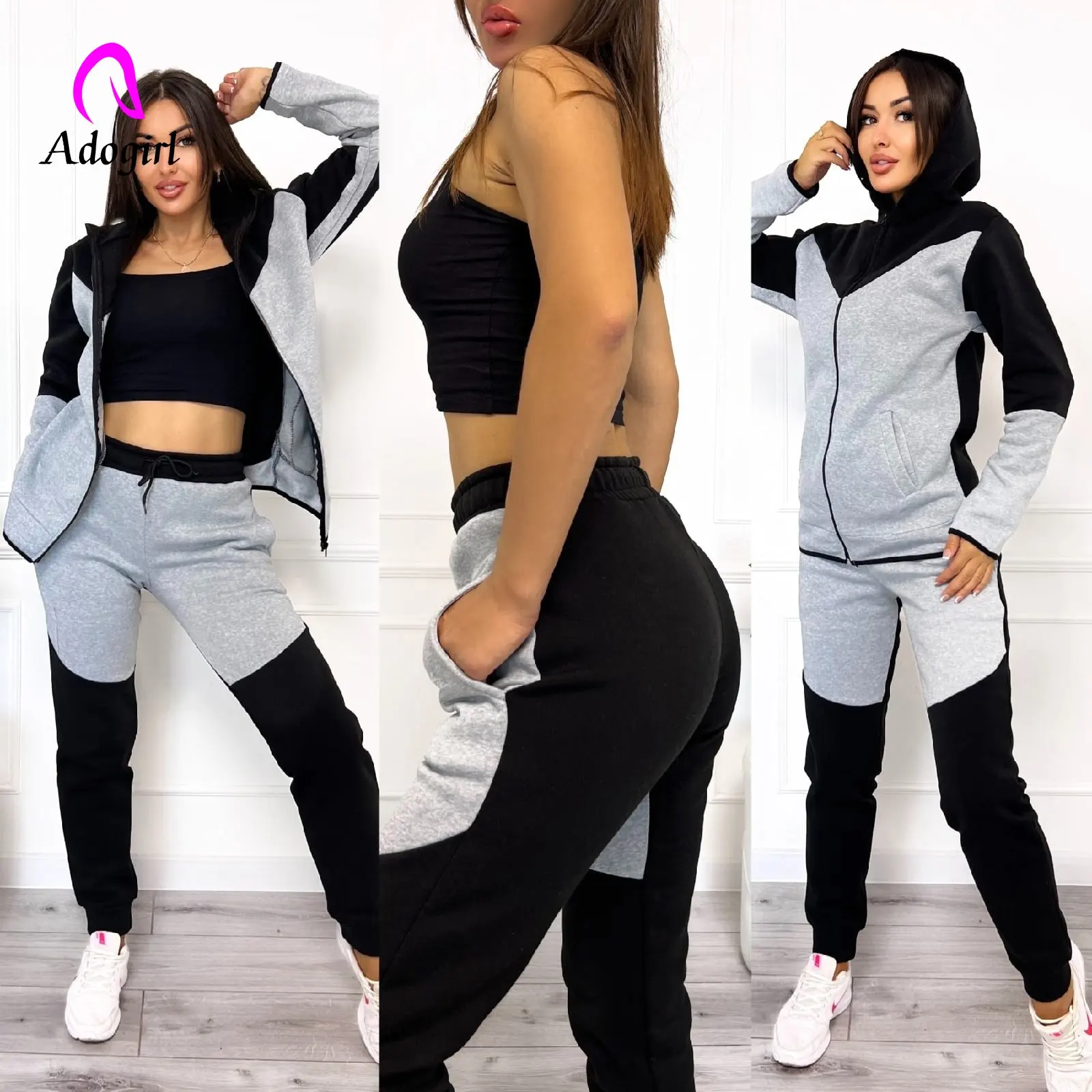 Fitness Women 2 Piece Set Zipper Fly Hooded Coat Jogging Pants Matching Set 2022 Autumn Winter New Workout Activewear Tracksuits winter men s sportswear sweatpants two piece printed zipper hooded sweatshirt casual fitness jogging pants suit