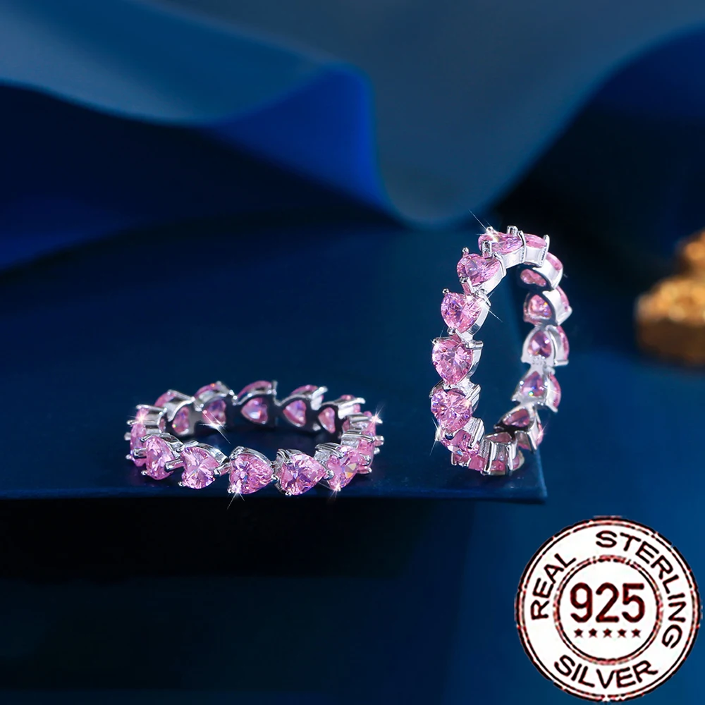 QooLady Fingerringe aus 925er-Sterlingsilber, elegant, komplett rosa, Zirkonia, Herzform, Fingerringe für Frauen, Hochzeit, Schmuck, Geschenk SR079 – Detail 8