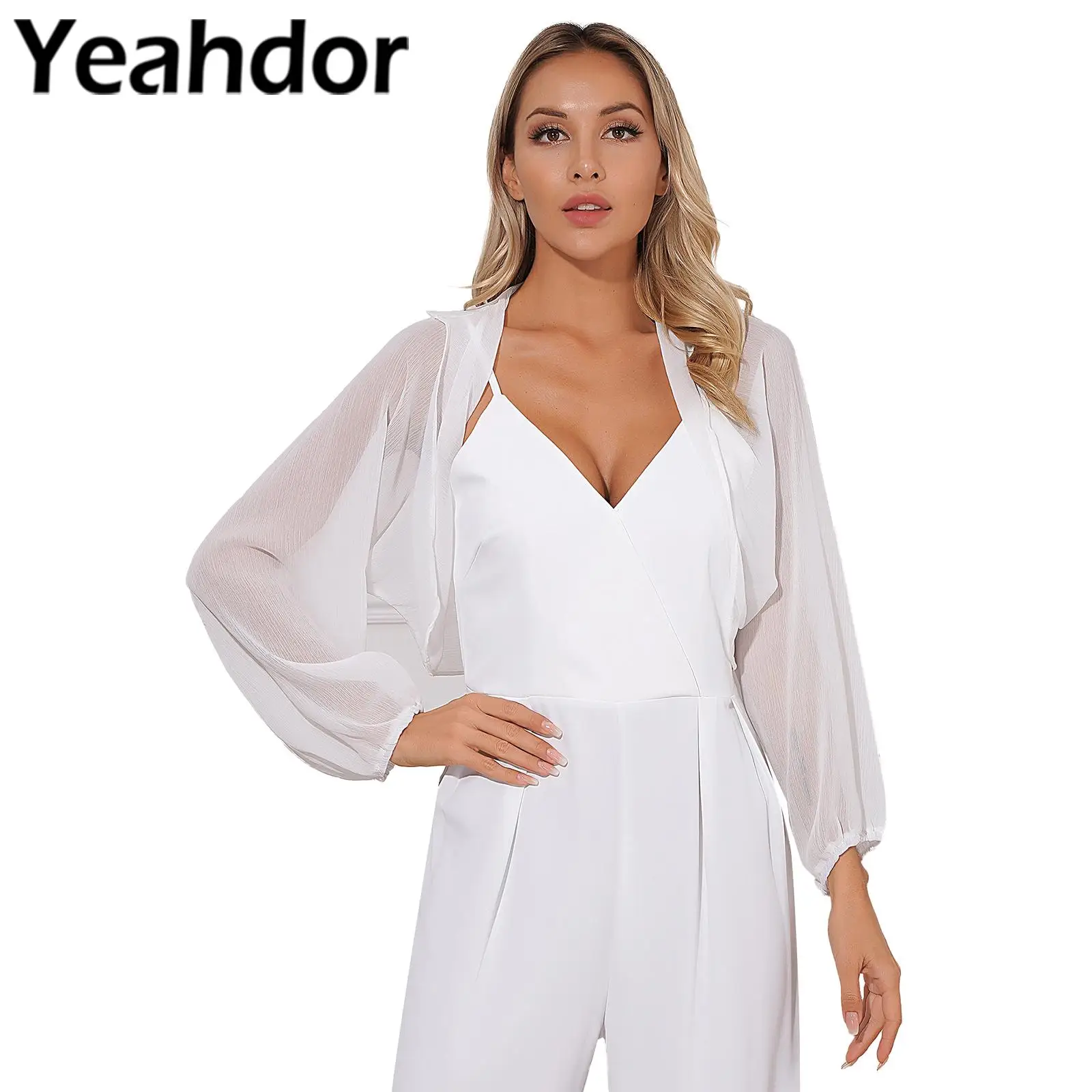 

Womens Stand Collar Chiffon Cardigan Outdoor Travel Beach Cover Ups Wraps See-through Open Front Long Sleeve Bolero Shrug Tops