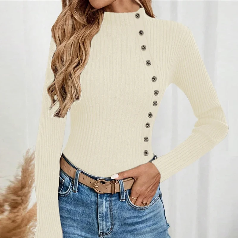 thumbnail image 1 of Suéter de cuello alto para otoño e invierno, elegante, suave, cómodo, elástico, para mujer, camisa de mujer, blusa de manga larga con botones acanalados, 1 of 5
