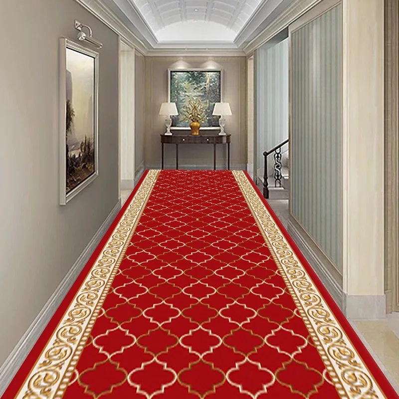 Modern Long Hallway Carpet Red Black Golden Living Room Area Rug Hotel Luxury Hallway Rug Runner Soft Stair Carpet Anti-Slip Mat