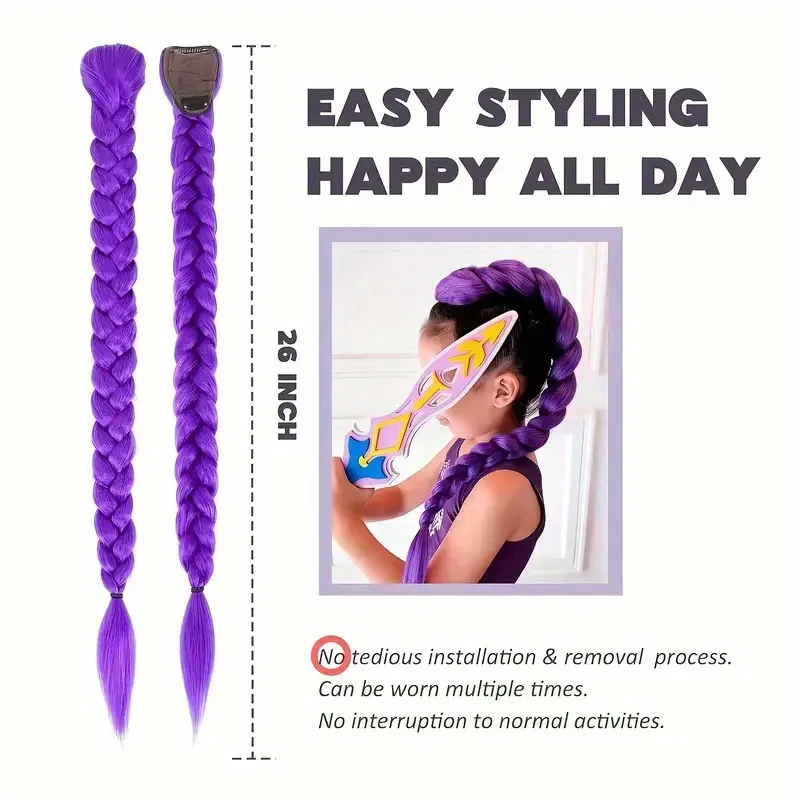 어린이를위한 26 인치 보라색 땋은 머리 포니 테일 확장 코스프레 긴 보라색 머리띠 어린이를위한 루미 헤어 스타일 크리스마스 파티 사용