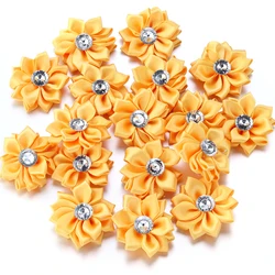 Elegant Handmade Satin Ribbon Flowers with Rhinestone Accents - Set of 20 Decorative Pieces for Clothing and Crafting (Gold Yellow)