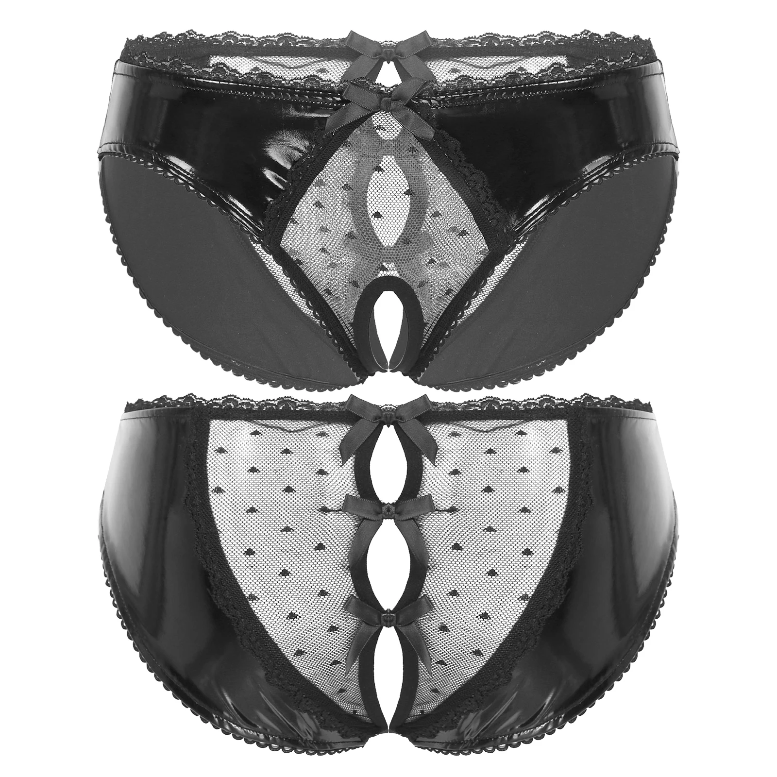 Women Lingerie Open Crotch Panties Glossy Patent Leather Thongs Underwear Sheer Lace Patchwork Briefs Bowknot Low Waist Sexy