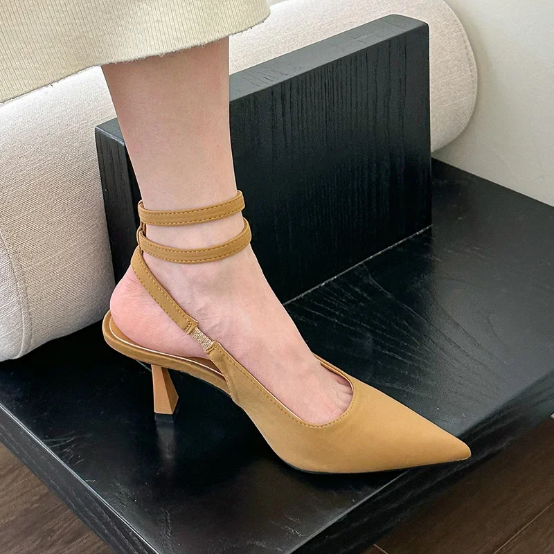 Slingbacks High Heels Pumps Women 2023 New Pointed Toe Thin Heeled Party Shoes Woman Solid Color Ankle Buckle Summer Sandals