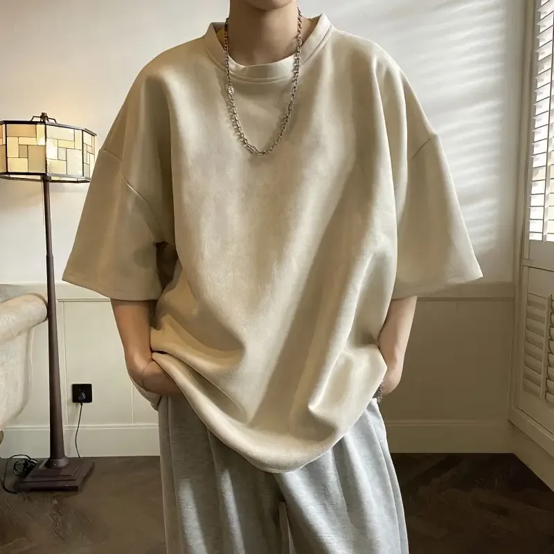 

Solid Color Short Sleeve Suede T Shirts for Men Summer O-Neck Retro Loose Casual Harajuku Korean Style Oversized T Shirt Men