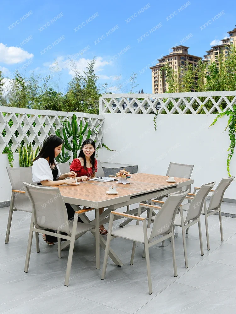 Outdoor table and chairs, courtyard garden villa, retractable dining table, plastic wood terrace, outdoor waterproof