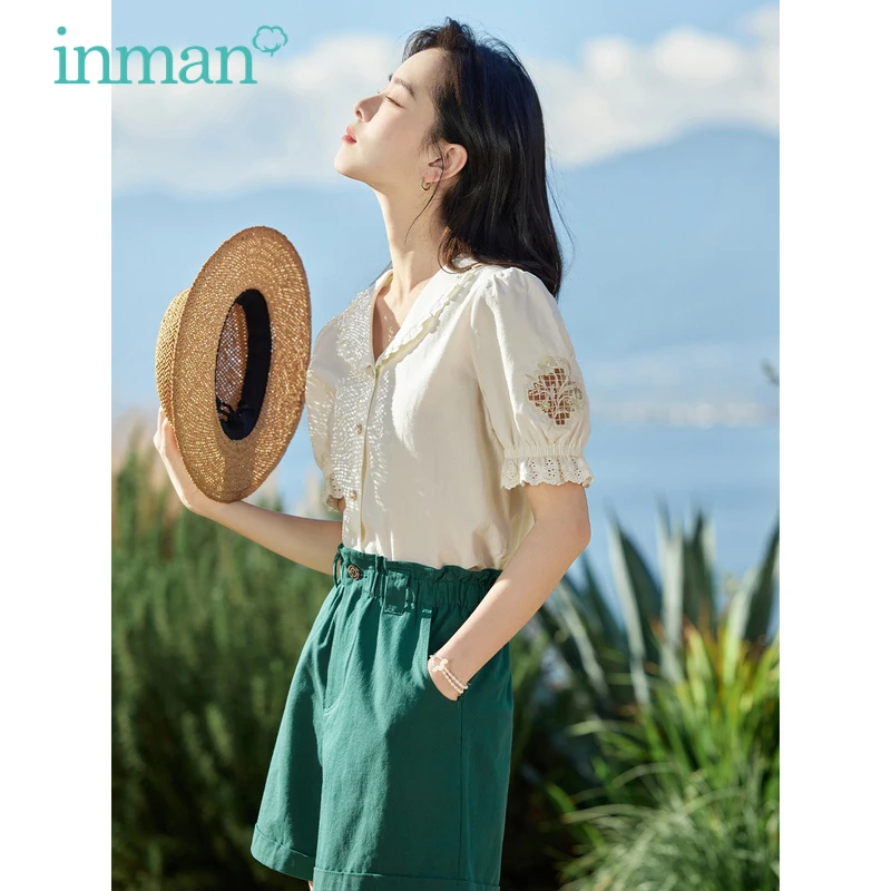 INMAN Women Blouse 2023 Summer V Neck Loose Shirts Spliced Embroidered Lace Bubble Sleeves Beige Green Casual Tops