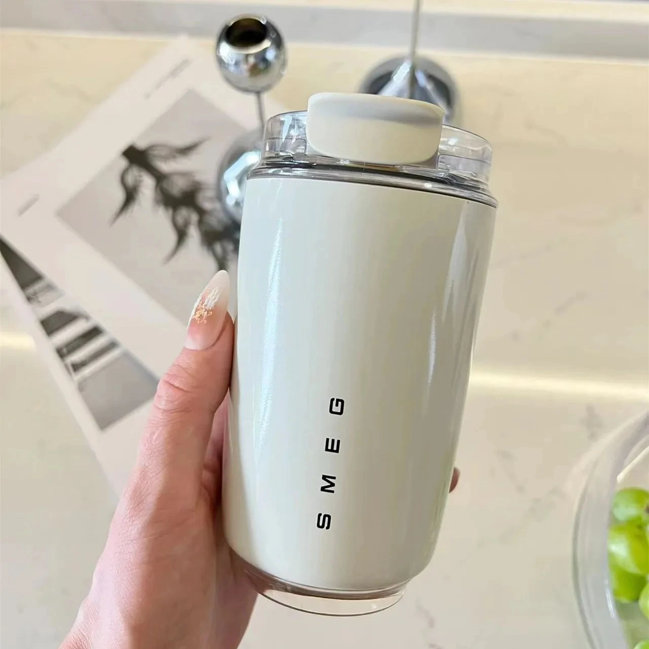 SMEG Milk White Beverage Cup Travel Portable Drinking Cup Stainless Steel Vacuum Leak proof 240ML Coffee Thermos coffee cup,coffee mug