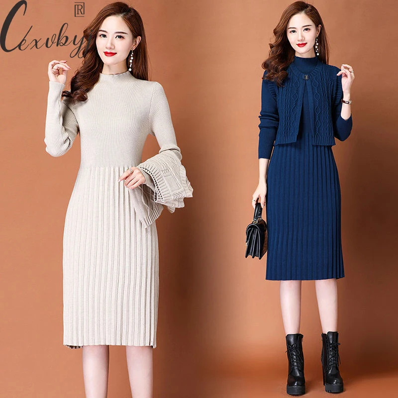

Plus Size Knitted Dress Two Peice Suit Women Vintage Short Sweater Vest+Long Sleeve Dress Set Office Lady Vintage Outfits S-3xl