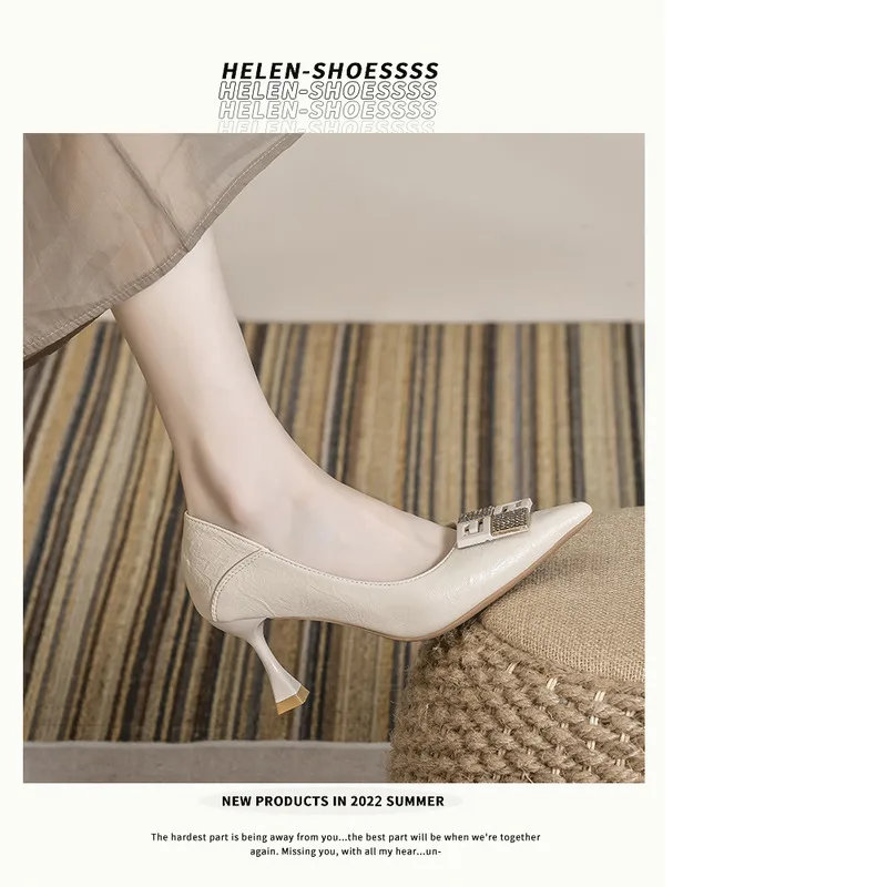 2024 Tidlige forårsnye højhælede, slanke hæle, spidse vanddiamantspænde, bløde læderarbejdssko_voghion.com