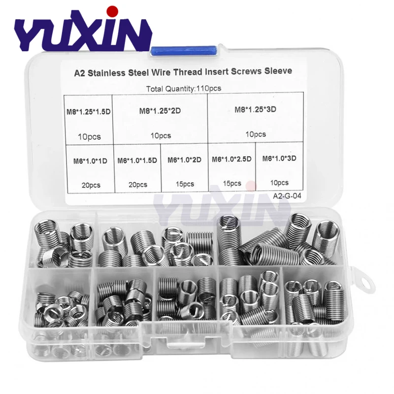 M6 M8 Stainless Steel Threaded Insert Coiled Wire Screw Bushing Helicoil Thread Repair Set Helical Thread Recovery Kit 110Pcs