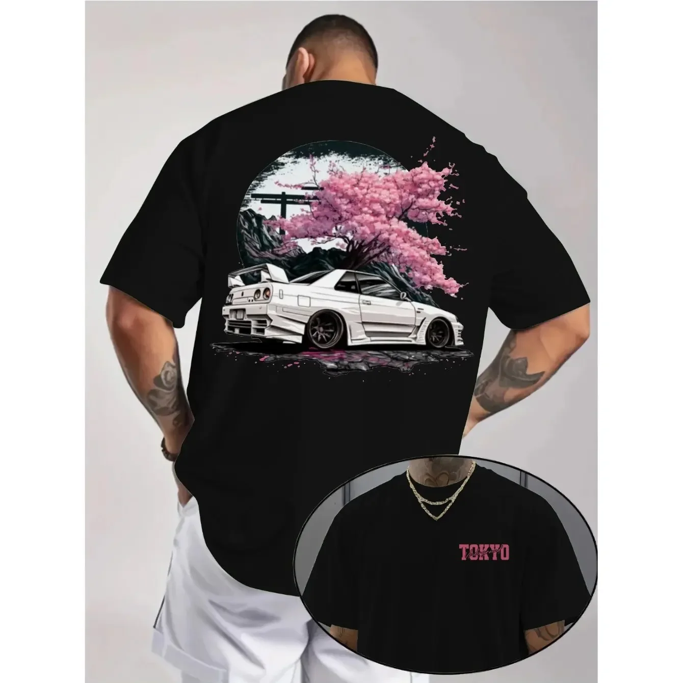 JDM Tokyo Drift Car T-Shirt Unisex Oversized Japanische Streetwear Sakura Grafik-T-Shirt Y2K Ästhetisches Sommer-Baumwoll-Oberteil