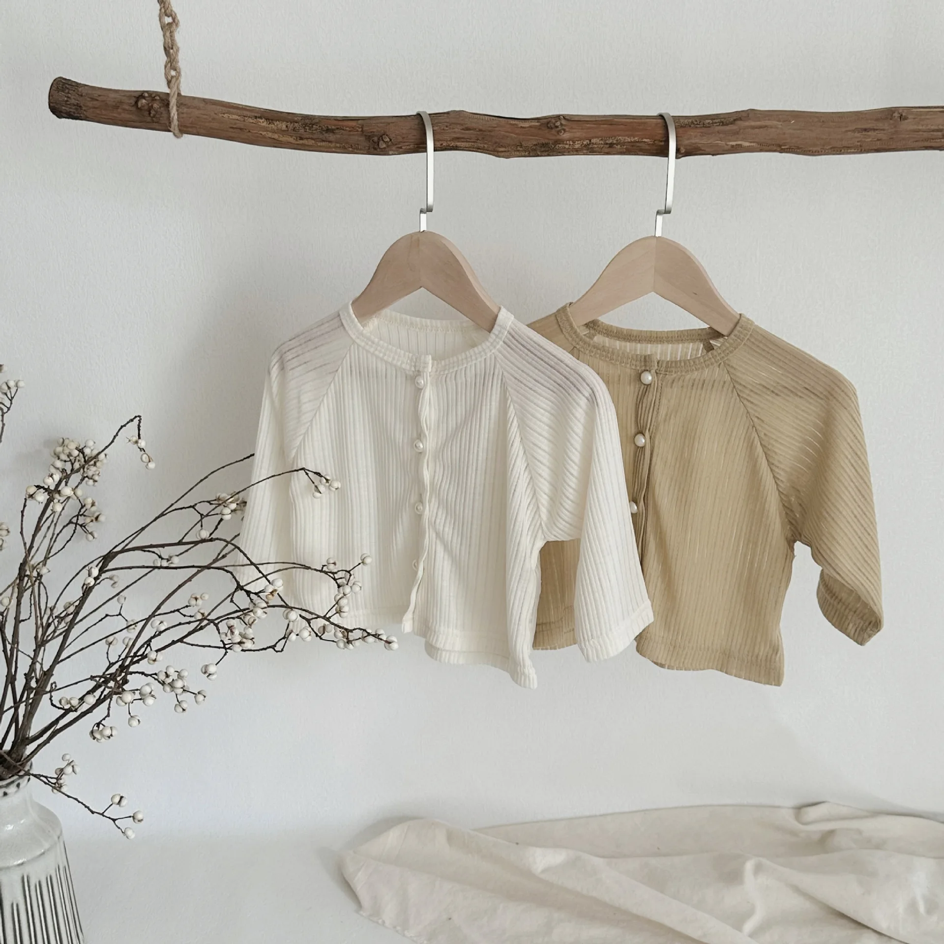 아동용 자외선 차단 가디건, 얇은 진주 버클 2024 코트, 심플한 라운드 칼라, ..