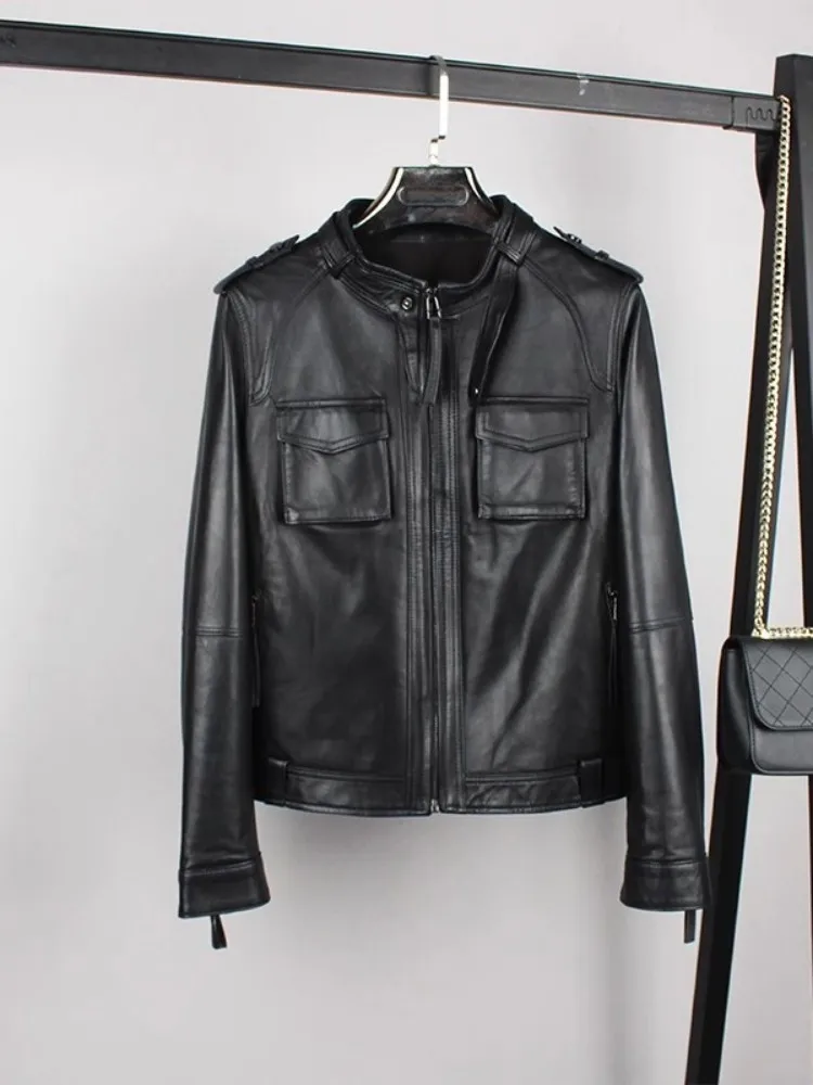 

2023Leather coat,Vintage Real Sheepskin Genuine Leather Motorcycle Jacket Women Spring Autumn Stand Collar Punk Short Coat Stree