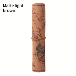 Creative Retro Leather Treasure Map Pencil Case - Large Capacity with Embossed Buckle Design (Matte Light Brown)