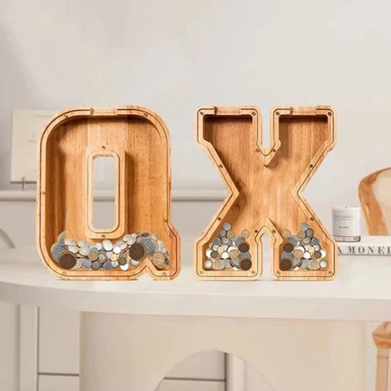 Twenty-six English Alphabet Moneybox Coin Money Piggy Bank Wooden Letter Saving Box Desktop Ornament Home Decor wooden piggy bank