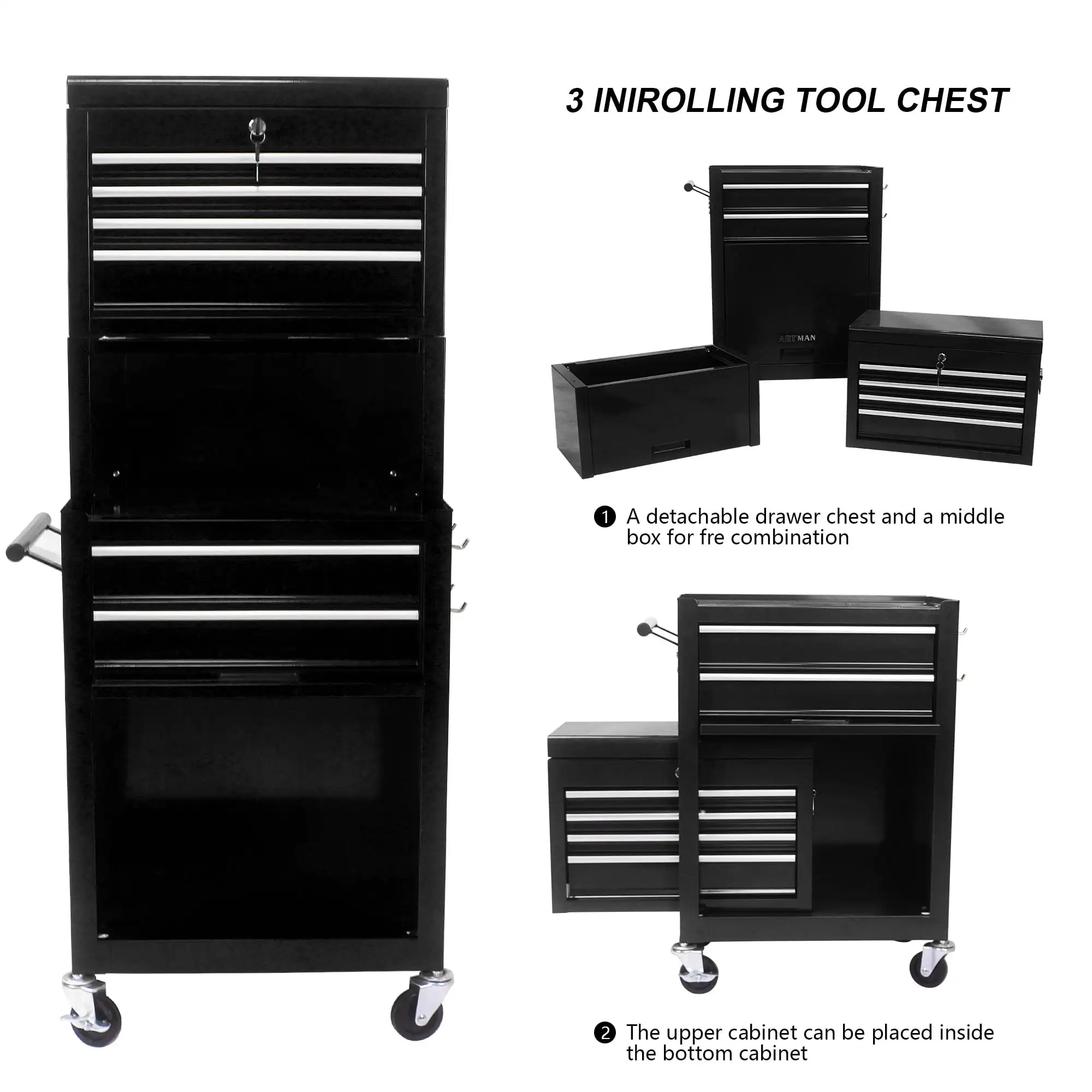 Rolling Tool Box, 3 in 1 Steel Tool Chest with 6-Drawer & 2 Cabinet for Workshop Garage Black Upgraded Large Capacity 3