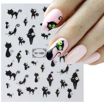 3D 검은 고양이 네일 스티커, 빛나는 눈 유령 해골 슬라이더, 어둠 속에서 빛나는 젤 광택 데칼, 할로윈 네일 아트 장식 상품 이미지