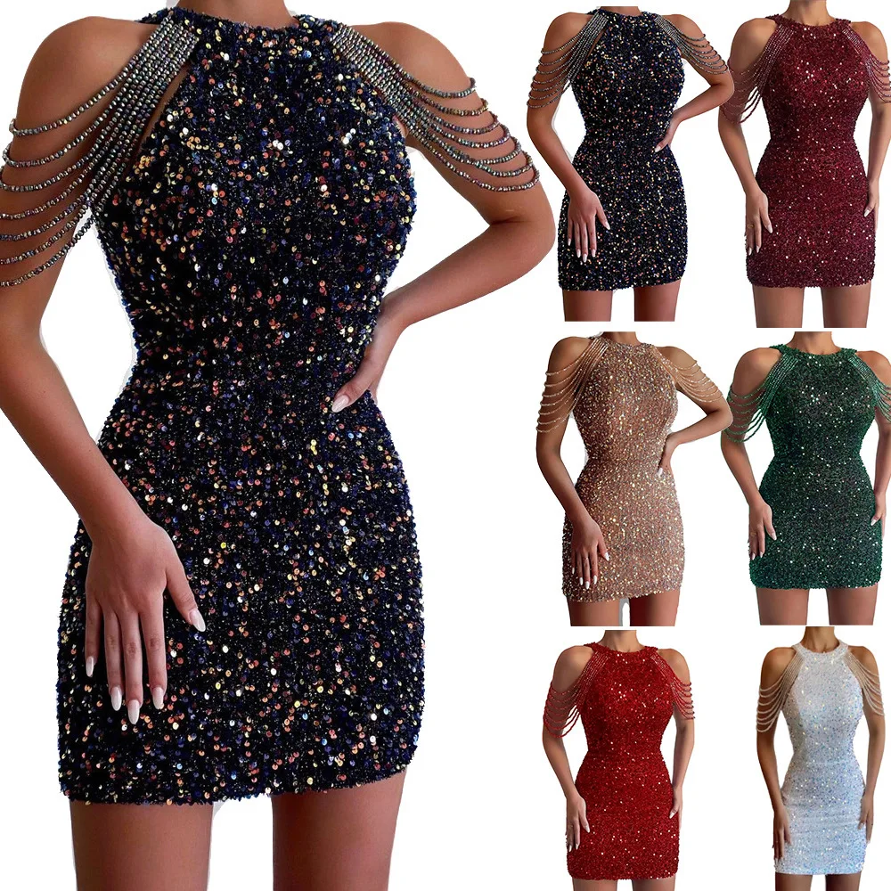 thumbnail image 2 of Vestido corto de verano con escote redondo y hombros descubiertos para mujer, estilo escote colgante, sin tirantes, con lentejuelas, envuelto en la cadera y borlas, para fiesta y cumpleaños, 2 of 5