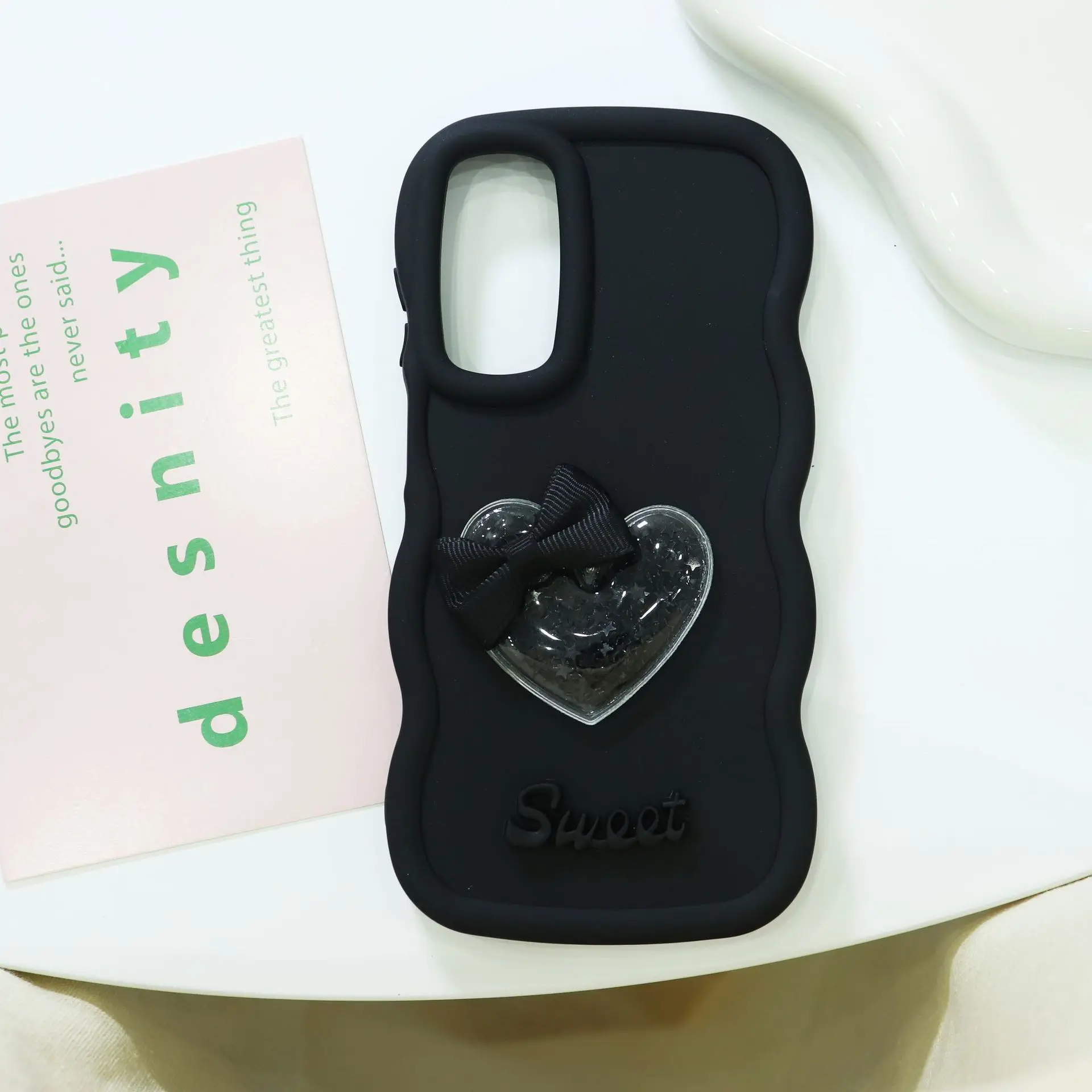Charming 3D Quicksand Heart Bow Silicone Phone Case