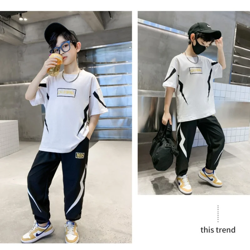 

Summer Teen Boys Cotton Alphabet Lightning T-Shirt Tops+Sweatpant Child 2PCS Tracksuit School Kids Sweatshirt Pants Workout Sets