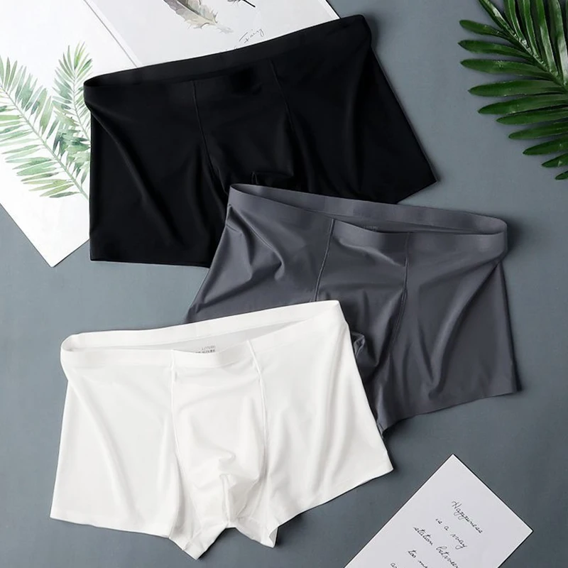 Seamless Ice Silk Boxers Men‘s Solid Color Male Underpants Ultra-thin Sexy Underwear Summer Cool Trunk Shorts