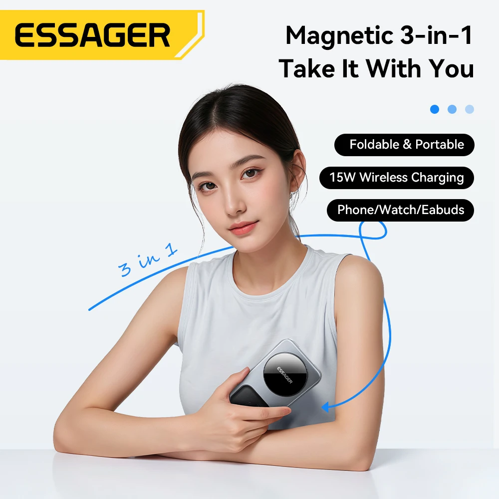 ESSAGER 15W 3-in-1 Magnetic Wireless Charging Station Foldable Charger Stand for iPhone AirPods Watch Phone Holder Fast Charger