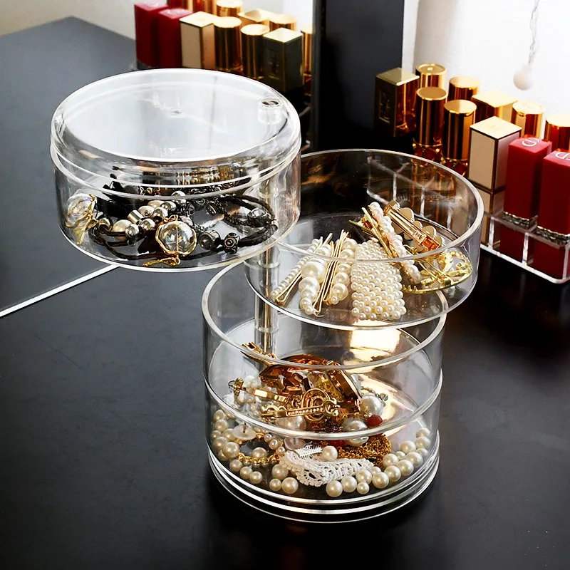 Transparent 360 Degree Rotating Dustproof Jewelry Box Small Multilayer Earring Ring Hairpin Jewelry Display Rack Storage Box 