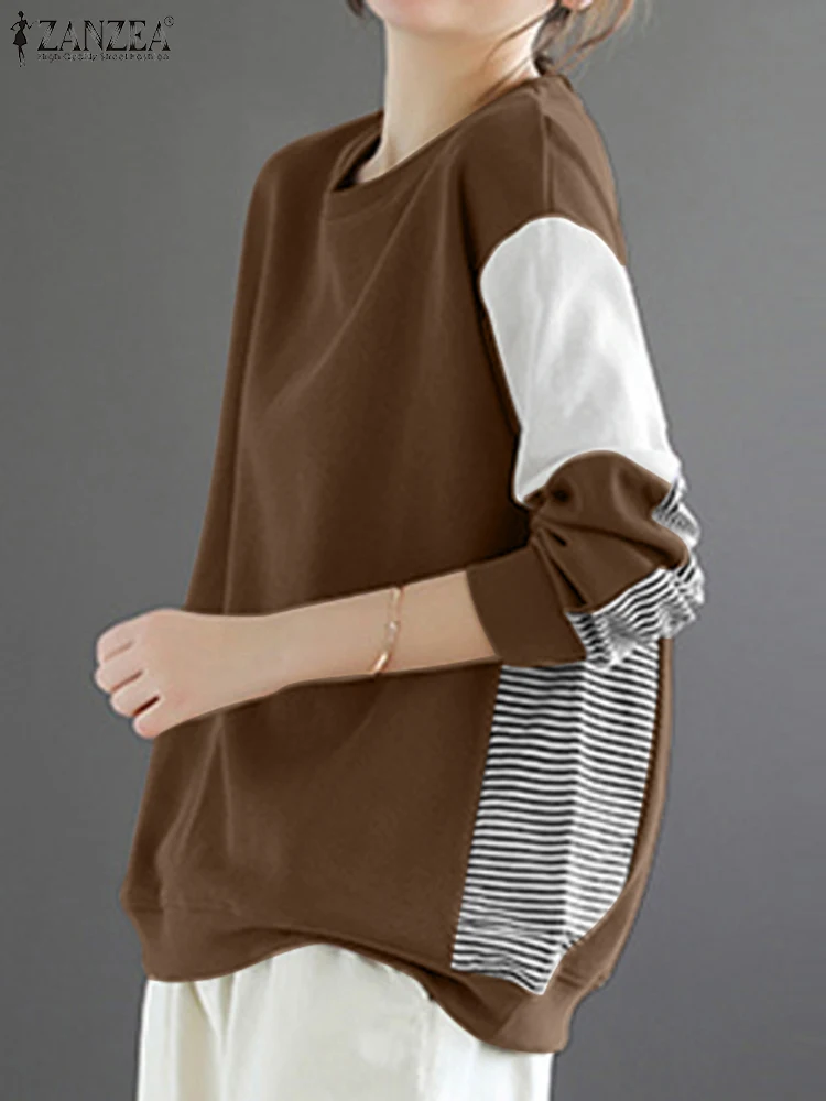 ZANZEA 2025 Autumn Long Sleeve Hoodies Women Colorblock Sweatshirt Fashion Korean Stripe Stitching Pullover Casual Loose Tops 3