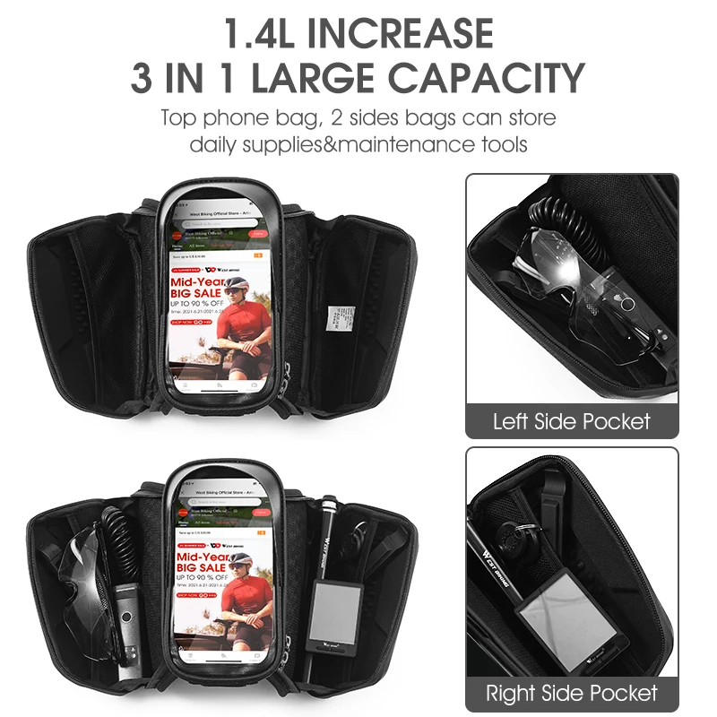 Sacoche De Cadre VTT Vélo étanche + Support Téléphone - Noir/Gris