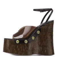 Platform Wedges Wood Grain Women's Sandals High Heels Crude Heel Female Pumps Metal Rivet Peep Toe Ladies Thick Bottom Shoes