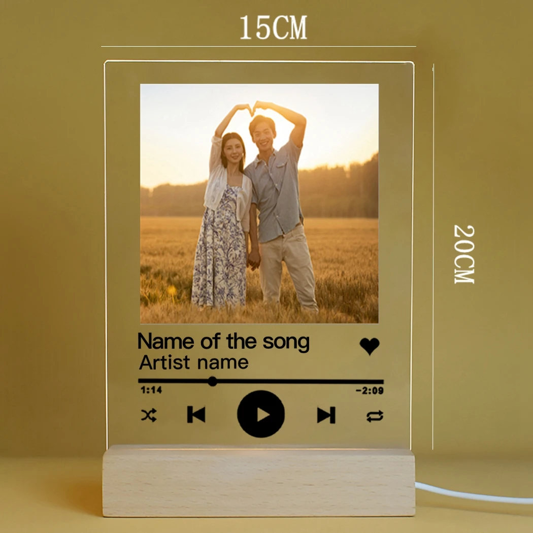 Customized Couple Photo Frame Song Music Code Personalized Image Acrylic Board Wooden Led Lamp Night Lamp Anniversary Gift