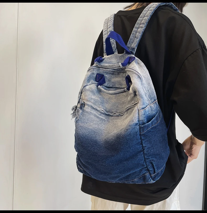 DCIMOR Fashion Denim Women Backpack Female Cool Gradient Jeans Travel Bag High Quality Bookbag Kawaii Girl Small Schoolbag Retro