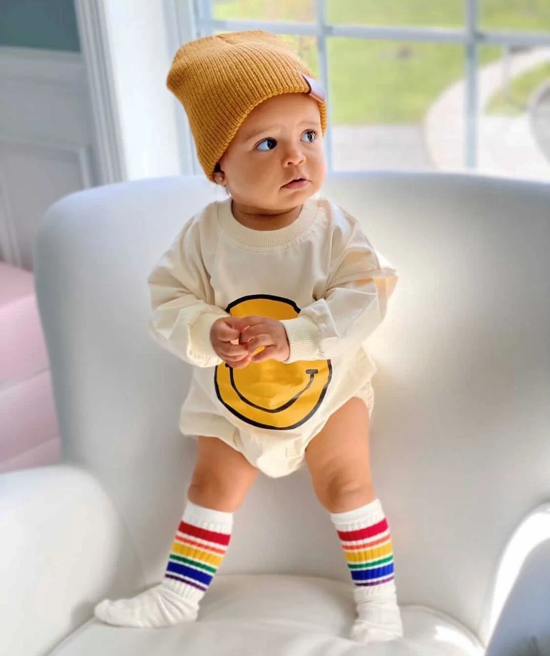 

Cute Infant Baby Boy Girl Romper Cartoon Smile Print Round Neck Long Sleeve Playsuit Autumn Cotton Infant Girl Clothing