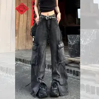 American high street men and women hip-hop personality multi pocket design straight leg jeans autumn retro loose casual pants 1