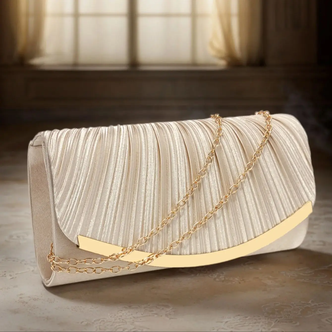 Satin Metal Chain Clutch Evening Handbag for Women