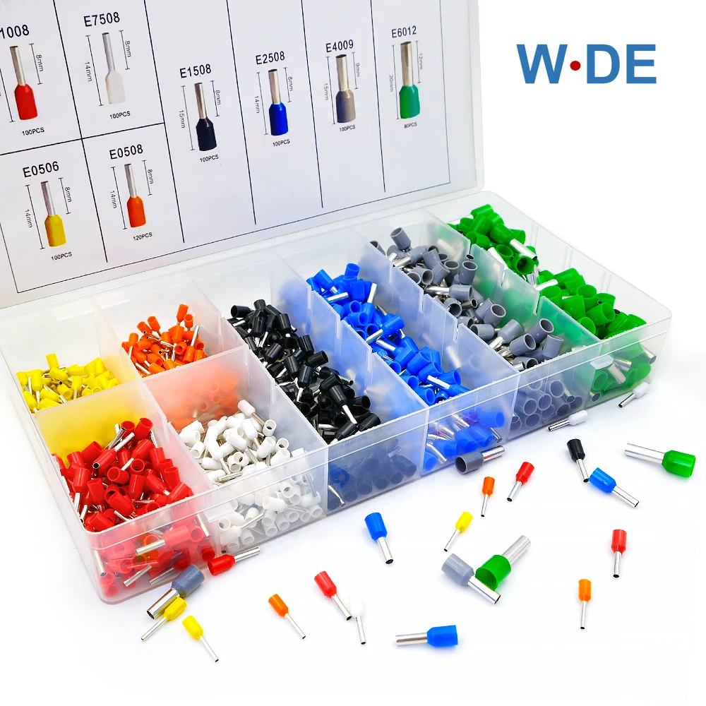 Kit de Terminal de Virola Isolada Extremidade do Cabo de Fio Pressionado Crimpagem Bronze Grupo E0506 1008 0508 7508 2508 4009 1508 6012 800 Pcs