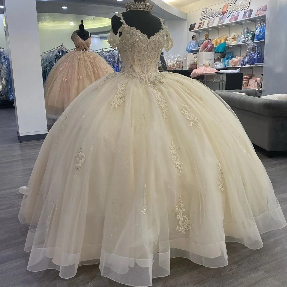 

Real Light Champagne Ball Gown Quinceanera Dress 2024 Sweetheart Beaded Tulle Princess Vestido De XV Años Brithday Party Gown