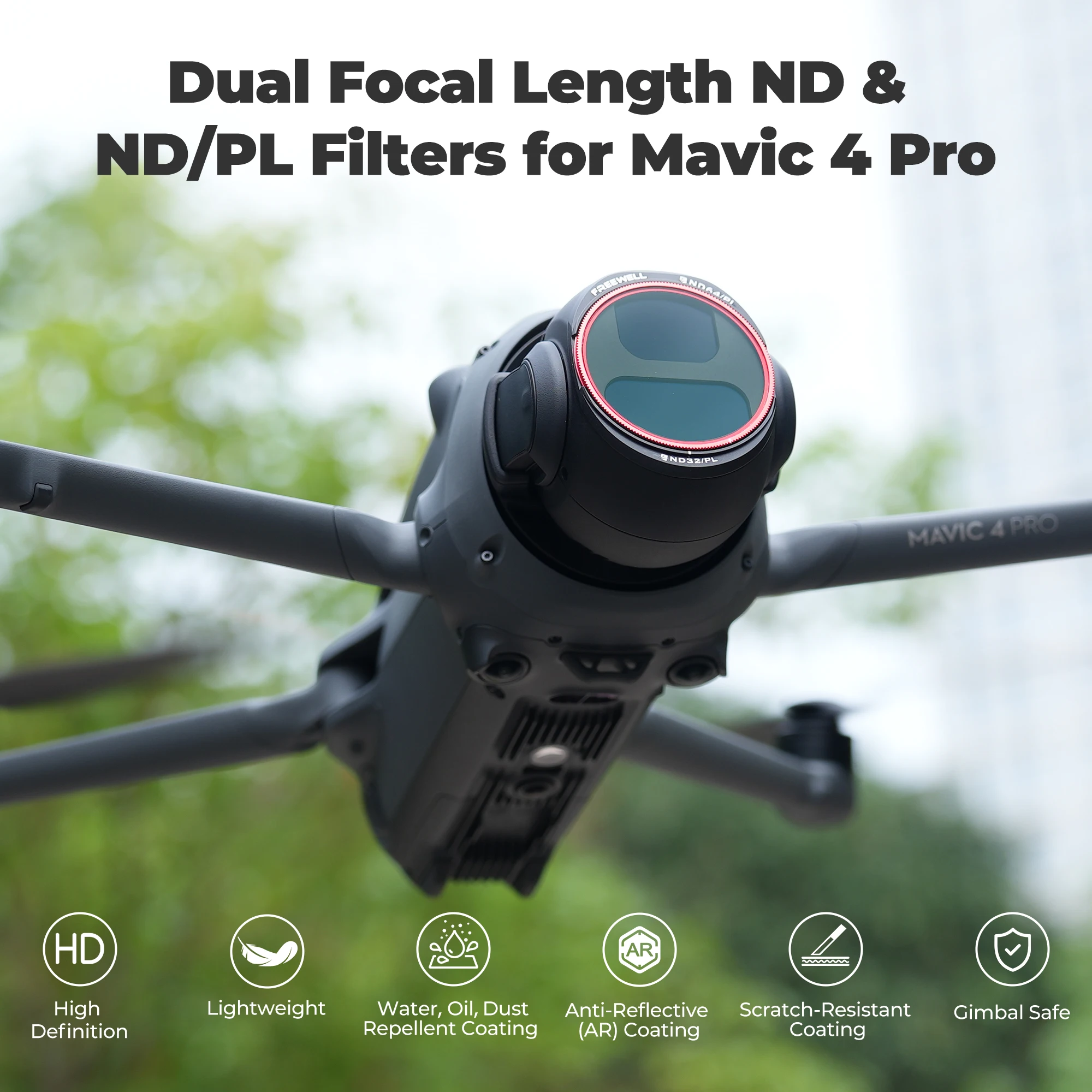 Vue détaillée des filtres Freewell ND/PL 8 pack, verre optique de haute qualité pour drone Mavic 4 Pro.