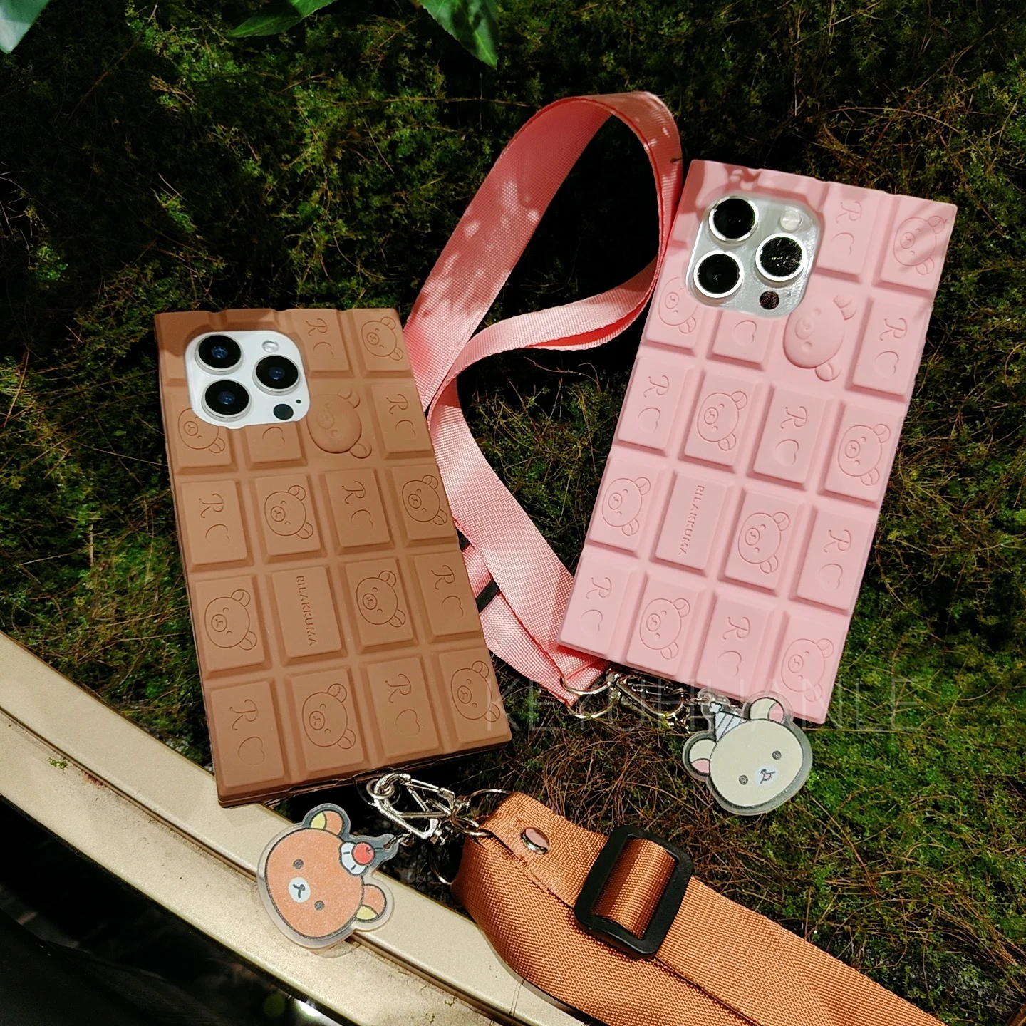 3D Chocolate Silicone Cartoon Bear Crossbody Phone Case with Strap Lanyard