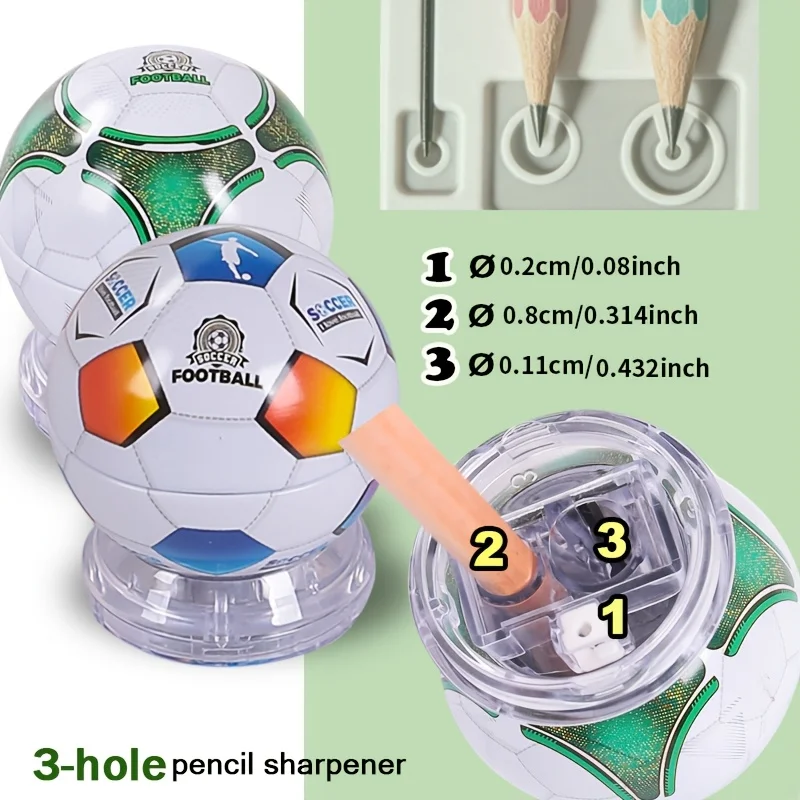 Temperino Manuale a Forma di Pallone da Calcio con Coperchio, 3 Fori per Matite di Diverse Dimensioni, Colore Casuale, Senza Elettricità - immagine 4