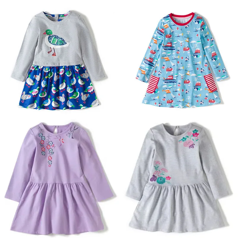 Jumping Meters Girls Cotton Dresses Floral Embroidery 3-12T