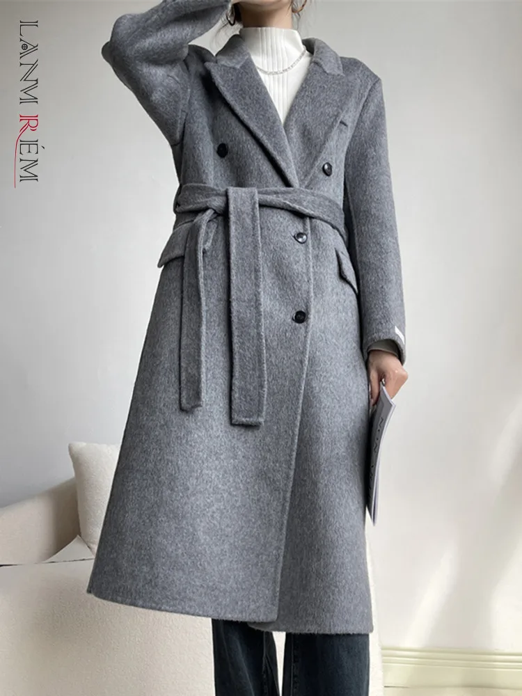 

[LANMREM] Lace-up Woolen Outwear For Women Elegant Double Breasted Long Sleeve High End Female Coats 2023 Winter New 26D5845